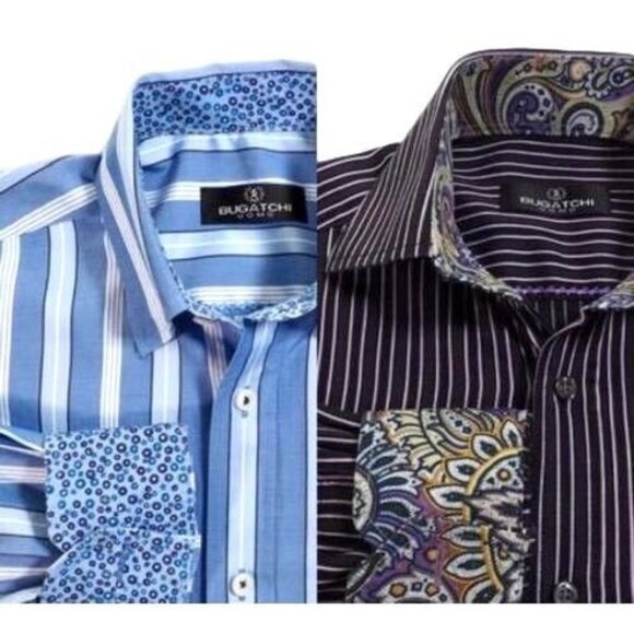 Bugatchi Mens Small 14-14.5 Long Sleeve Striped Shirts With Contrast Cuffs & Col - Picture 1 of 9